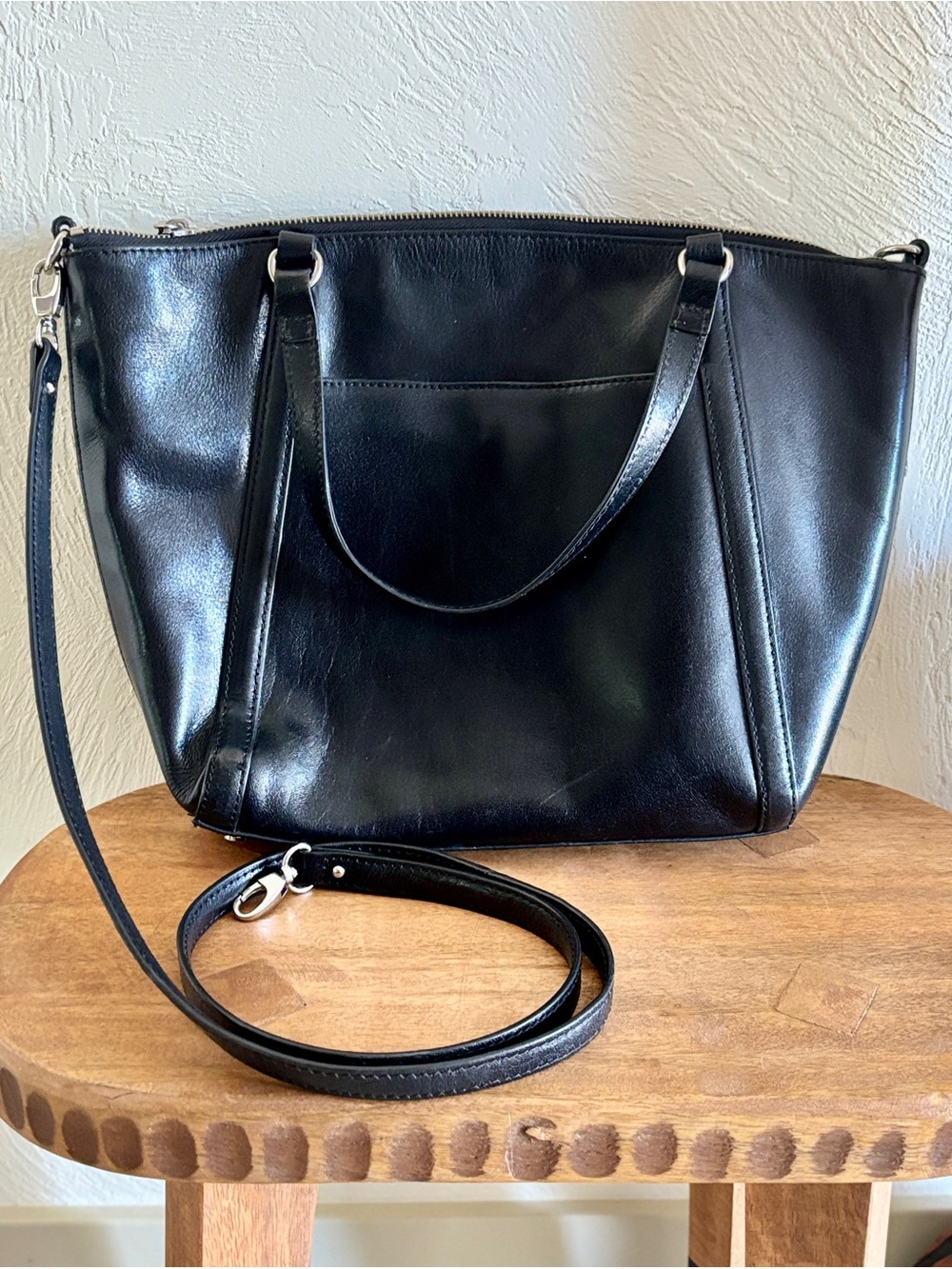 HOBO Black Leather Zippered Tote with Dual Handles & Removable Crossbody Strap